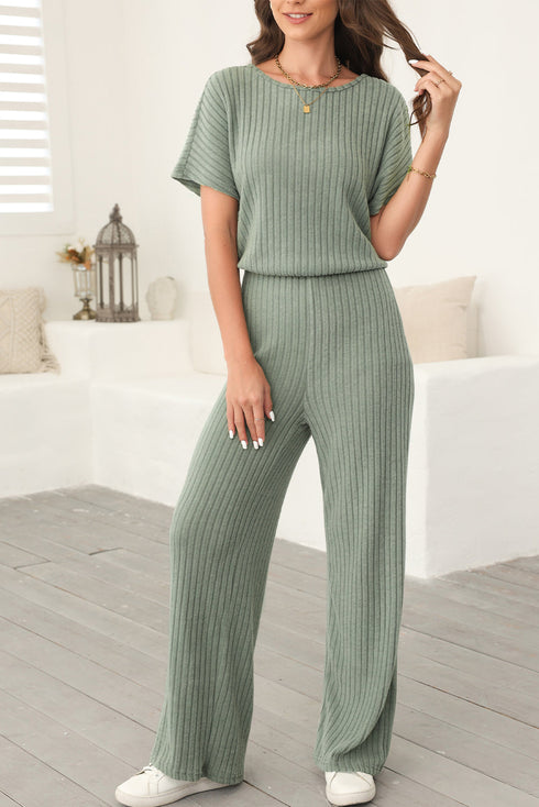 Ribbed Round Neckline Short Sleeve Wide Leg Pocketed Jumpsuit